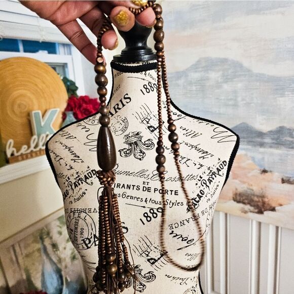 New Wood Beaded Tassel Detail Lightweight Statement Necklace. 24" - Picture 8 of 15